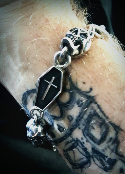 Silver Skull and Coffin Watch Chain Bracelet
